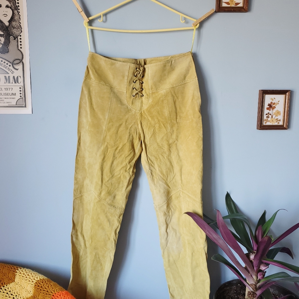 Amazing lemon yellow super soft suede vintage pants 33 inch waist - Picture 3 of 6